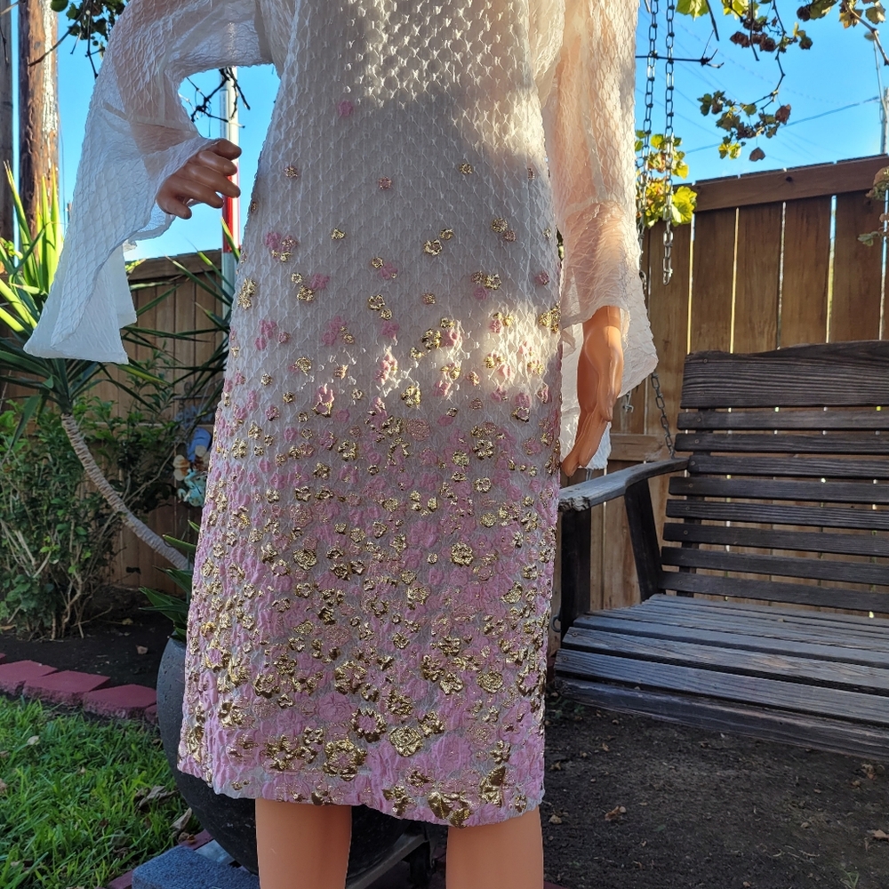 Ella Belle New York Elegant White/Pink & Gold Women's Midi Dress Size 14 - Picture 4 of 12